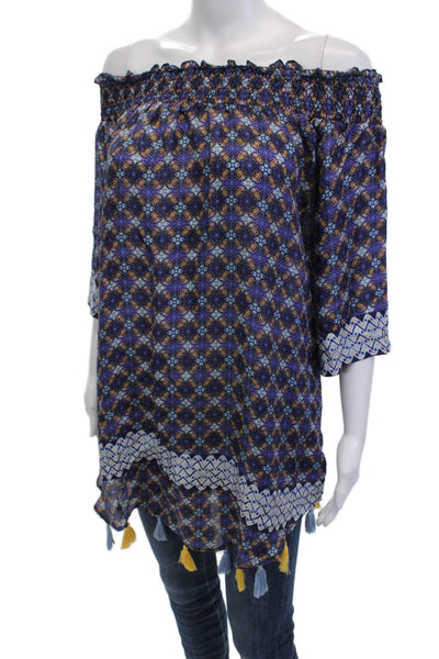 Bindya Womens Silk Ruched Short Sleeve Tunic Blouse Top Blue Size S