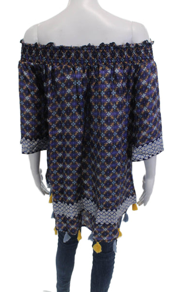 Bindya Womens Silk Ruched Short Sleeve Tunic Blouse Top Blue Size S