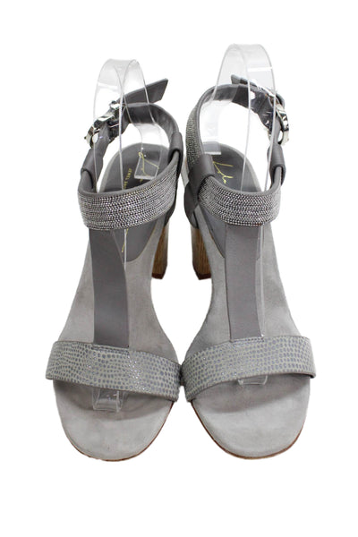 Lola Cruz Womens Block Heel Beaded Ankle Strap Sandals Gray Leather Size 37