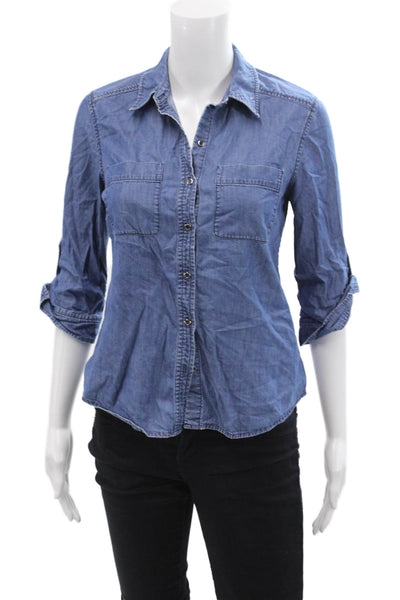 Theory Womens Marande Cadden Button Down Shirt Blue Cotton Size Petite