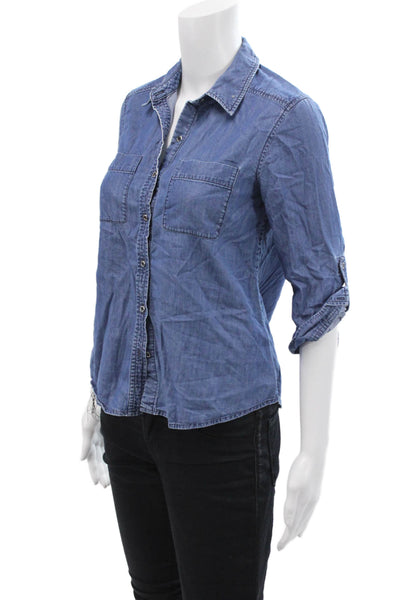 Theory Womens Marande Cadden Button Down Shirt Blue Cotton Size Petite