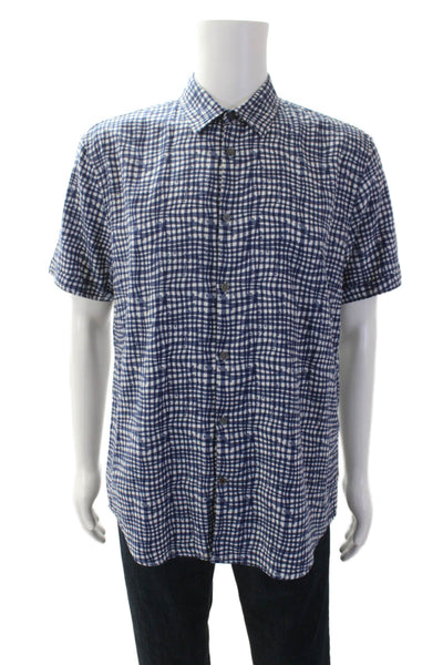 John Varvatos Star USA Mens Button Up Short Sleeve Plaid Shirt White Blue Large