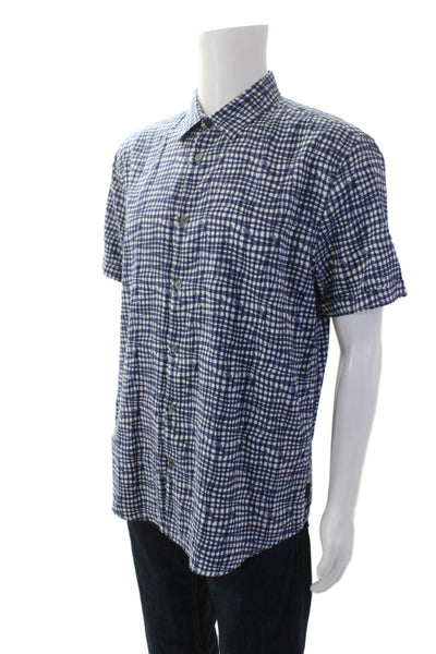 John Varvatos Star USA Mens Button Up Short Sleeve Plaid Shirt White Blue Large