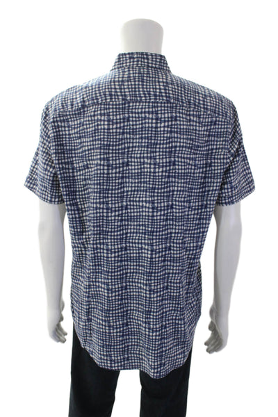 John Varvatos Star USA Mens Button Up Short Sleeve Plaid Shirt White Blue Large