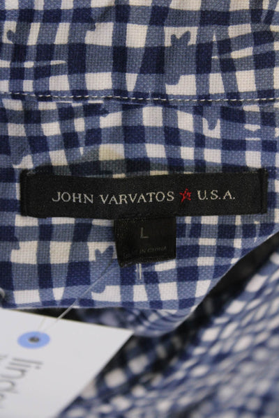 John Varvatos Star USA Mens Button Up Short Sleeve Plaid Shirt White Blue Large
