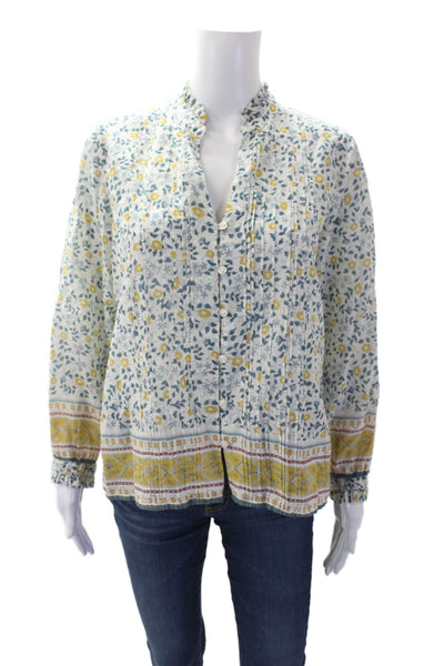 Birds of Paradis Womens Button Front V Neck Floral Shirt White Multi Size Medium