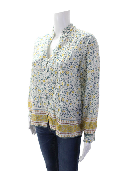 Birds of Paradis Womens Button Front V Neck Floral Shirt White Multi Size Medium
