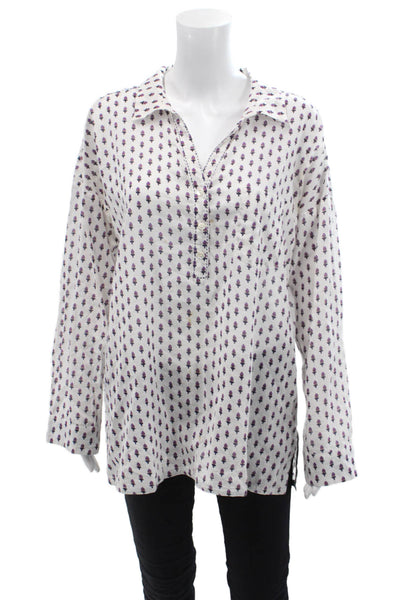Roller Rabbit Womens Cotton V-neck Long Sleeve Floral Top White Size M
