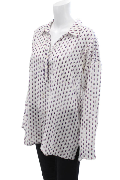 Roller Rabbit Womens Cotton V-neck Long Sleeve Floral Top White Size M