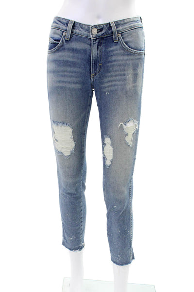 Amo Womens Cotton Distressed Low-Rise Skinny Jeans Blue Size 24
