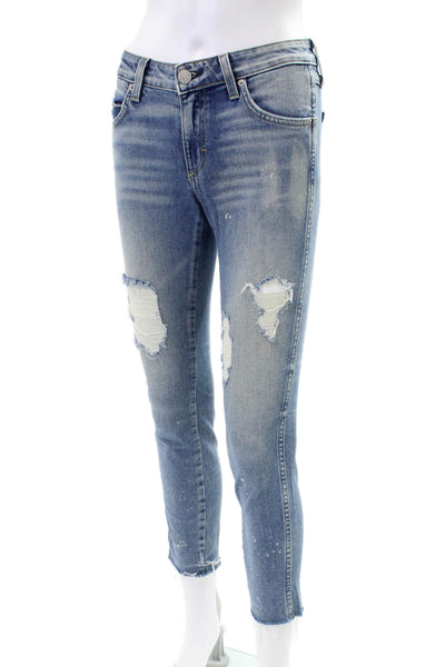 Amo Womens Cotton Distressed Low-Rise Skinny Jeans Blue Size 24
