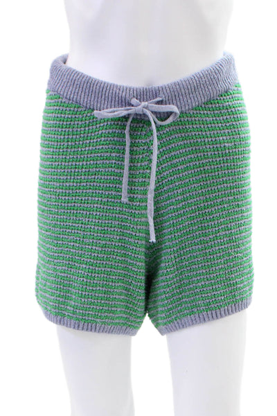 Zara Womens Open Knit Drawstring High Rise Striped Shorts Green Blue Size S