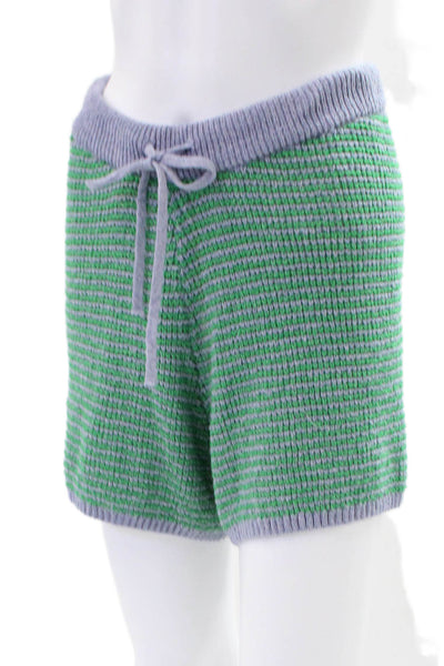 Zara Womens Open Knit Drawstring High Rise Striped Shorts Green Blue Size S