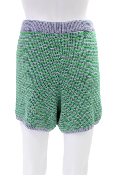 Zara Womens Open Knit Drawstring High Rise Striped Shorts Green Blue Size S