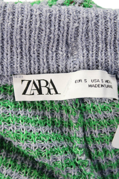 Zara Womens Open Knit Drawstring High Rise Striped Shorts Green Blue Size S