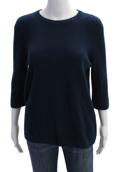 6397 Womens Crew Neck 3/4 Sleeve Ribbed Knit Sweater Top Blue Size L