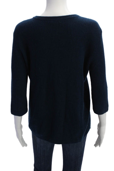 6397 Womens Crew Neck 3/4 Sleeve Ribbed Knit Sweater Top Blue Size L