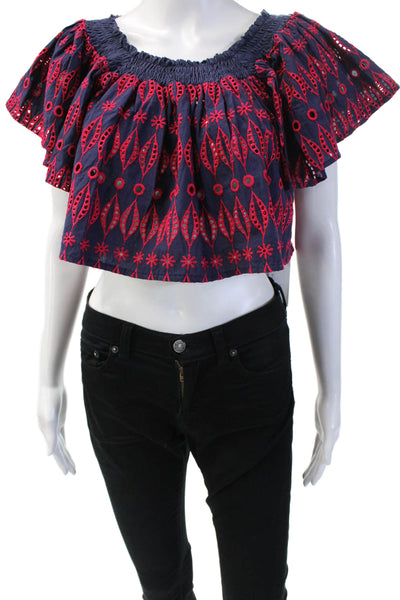 Endless Rose Womens Eyelet Cropped Blouse Navy Blue Pink Cotton Size Small
