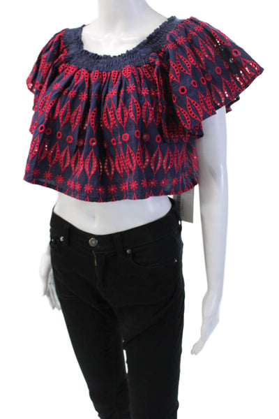 Endless Rose Womens Eyelet Cropped Blouse Navy Blue Pink Cotton Size Small