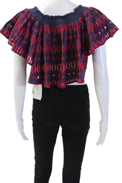 Endless Rose Womens Eyelet Cropped Blouse Navy Blue Pink Cotton Size Small