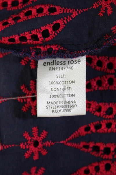 Endless Rose Womens Eyelet Cropped Blouse Navy Blue Pink Cotton Size Small