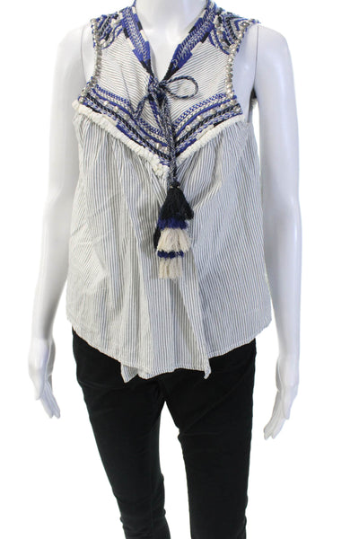 Zara Woman Womens Striped Embroidered Tie Wrap Tank Top White Blue Size Medium