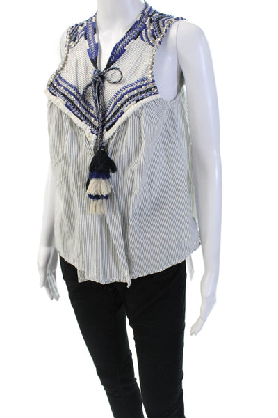 Zara Woman Womens Striped Embroidered Tie Wrap Tank Top White Blue Size Medium