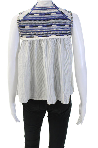 Zara Woman Womens Striped Embroidered Tie Wrap Tank Top White Blue Size Medium