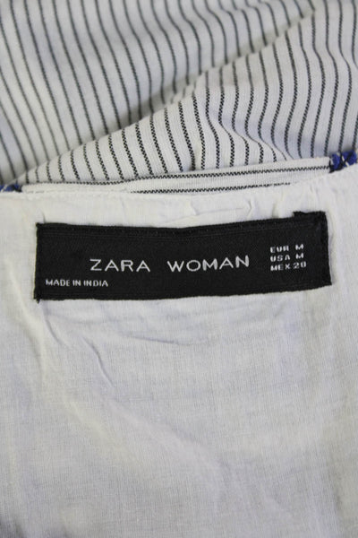 Zara Woman Womens Striped Embroidered Tie Wrap Tank Top White Blue Size Medium
