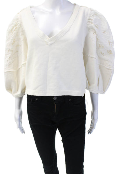 Free People Womens Short Eyelet Sleeves V Neck Sweater White Cotton Size Large