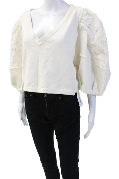 Free People Womens Short Eyelet Sleeves V Neck Sweater White Cotton Size Large
