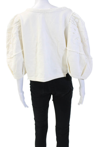 Free People Womens Short Eyelet Sleeves V Neck Sweater White Cotton Size Large