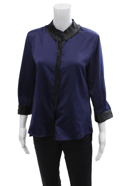 Tahari Womens Satin Long Sleeve Buttoned Colorblocked Top Blue Size S