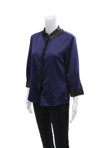 Tahari Womens Satin Long Sleeve Buttoned Colorblocked Top Blue Size S