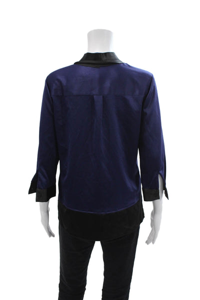 Tahari Womens Satin Long Sleeve Buttoned Colorblocked Top Blue Size S