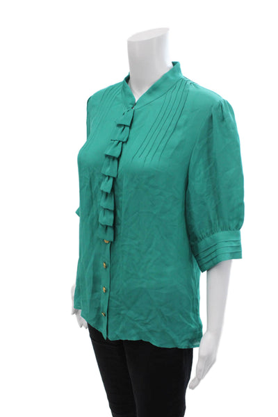 Walter Womens Silk Pleated Detail Ruffled Short Sleeve Blouse Green Size 10