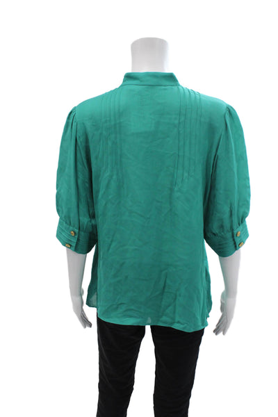 Walter Womens Silk Pleated Detail Ruffled Short Sleeve Blouse Green Size 10