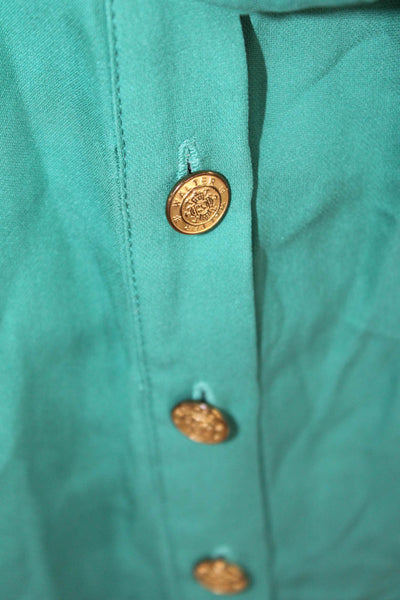 Walter Womens Silk Pleated Detail Ruffled Short Sleeve Blouse Green Size 10