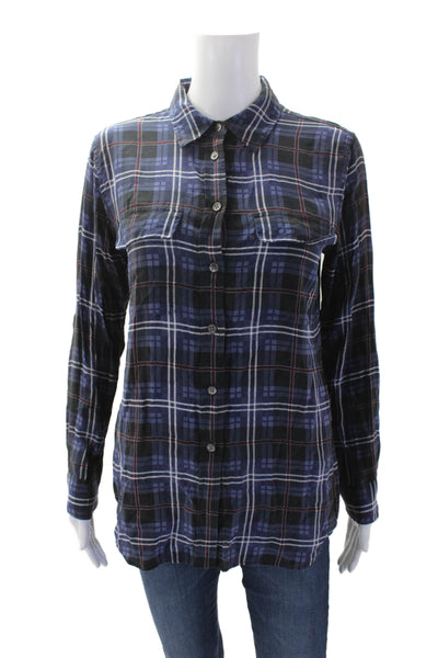 Equipment Femme Womens Silk Collared Long Sleeve Plaid Blouse Blue Size S
