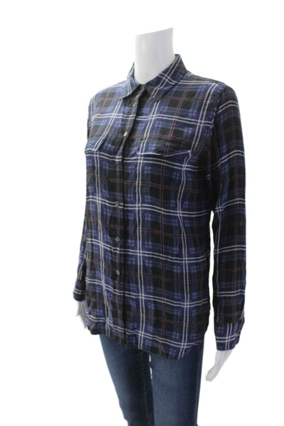 Equipment Femme Womens Silk Collared Long Sleeve Plaid Blouse Blue Size S