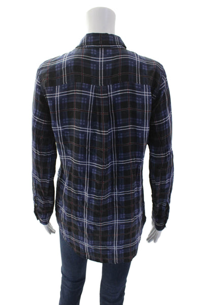 Equipment Femme Womens Silk Collared Long Sleeve Plaid Blouse Blue Size S