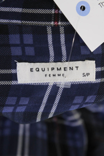 Equipment Femme Womens Silk Collared Long Sleeve Plaid Blouse Blue Size S