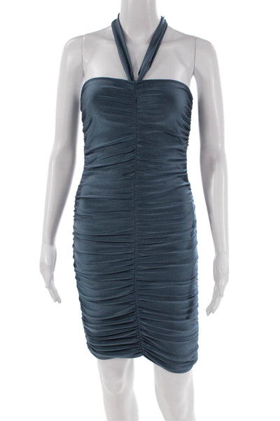 La Sirene Womens Halter Neck Ruched Detail Bodycon Dress Blue Size XS