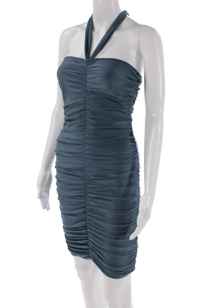 La Sirene Womens Halter Neck Ruched Detail Bodycon Dress Blue Size XS