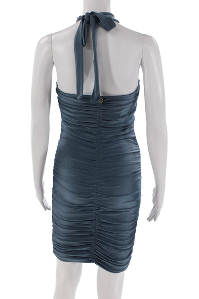 La Sirene Womens Halter Neck Ruched Detail Bodycon Dress Blue Size XS