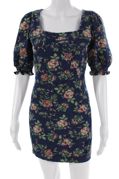 Betsey Johnson Womens Floral Square Neck Puff Sleeve Denim Dress Blue Size XS