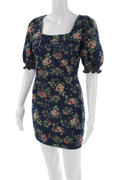Betsey Johnson Womens Floral Square Neck Puff Sleeve Denim Dress Blue Size XS