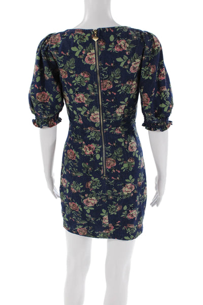 Betsey Johnson Womens Floral Square Neck Puff Sleeve Denim Dress Blue Size XS