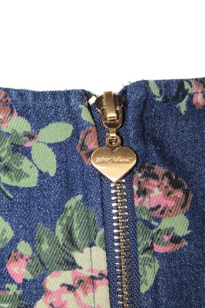 Betsey Johnson Womens Floral Square Neck Puff Sleeve Denim Dress Blue Size XS