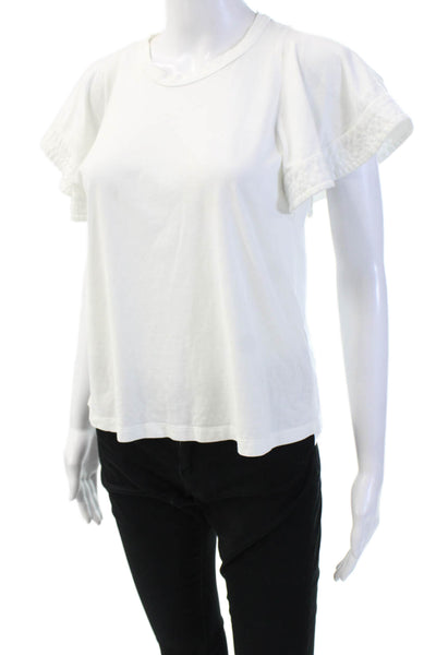 ALC Women's Round Neck Flutter Sleeves Cotton T-Shirt White Size XS